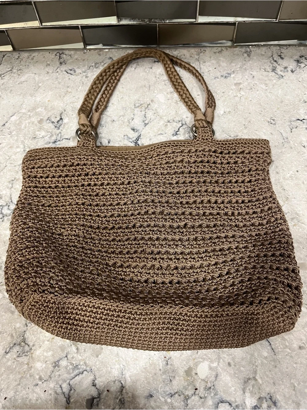 Lina Handcrafted Crochet Knit Shoulder Bag Tote - Taupe Brown Bronze